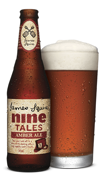 A bottle and schooner of James Squire Nine Tales Amber Ale